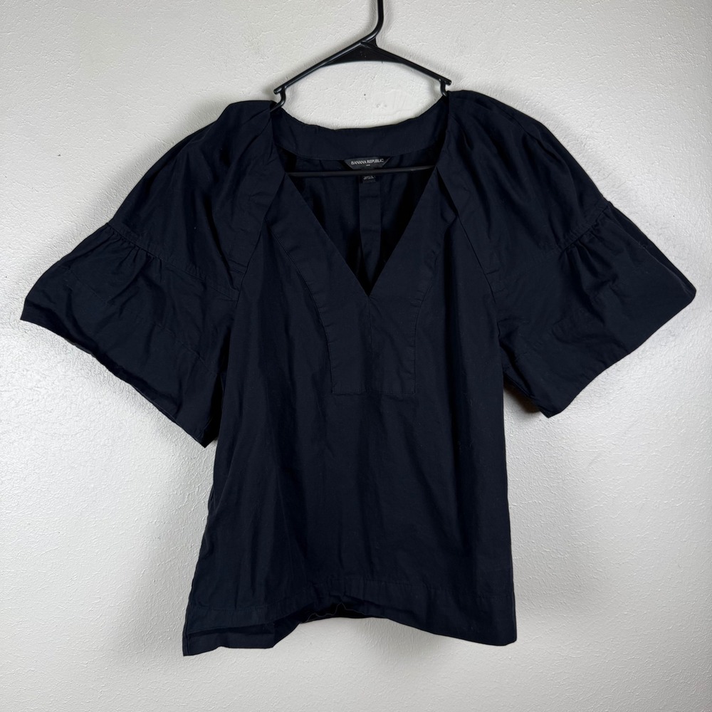 Banana Republic Womens Black Cotton Poplin V-Neck Puff Sleeve‎ Blouse Top S